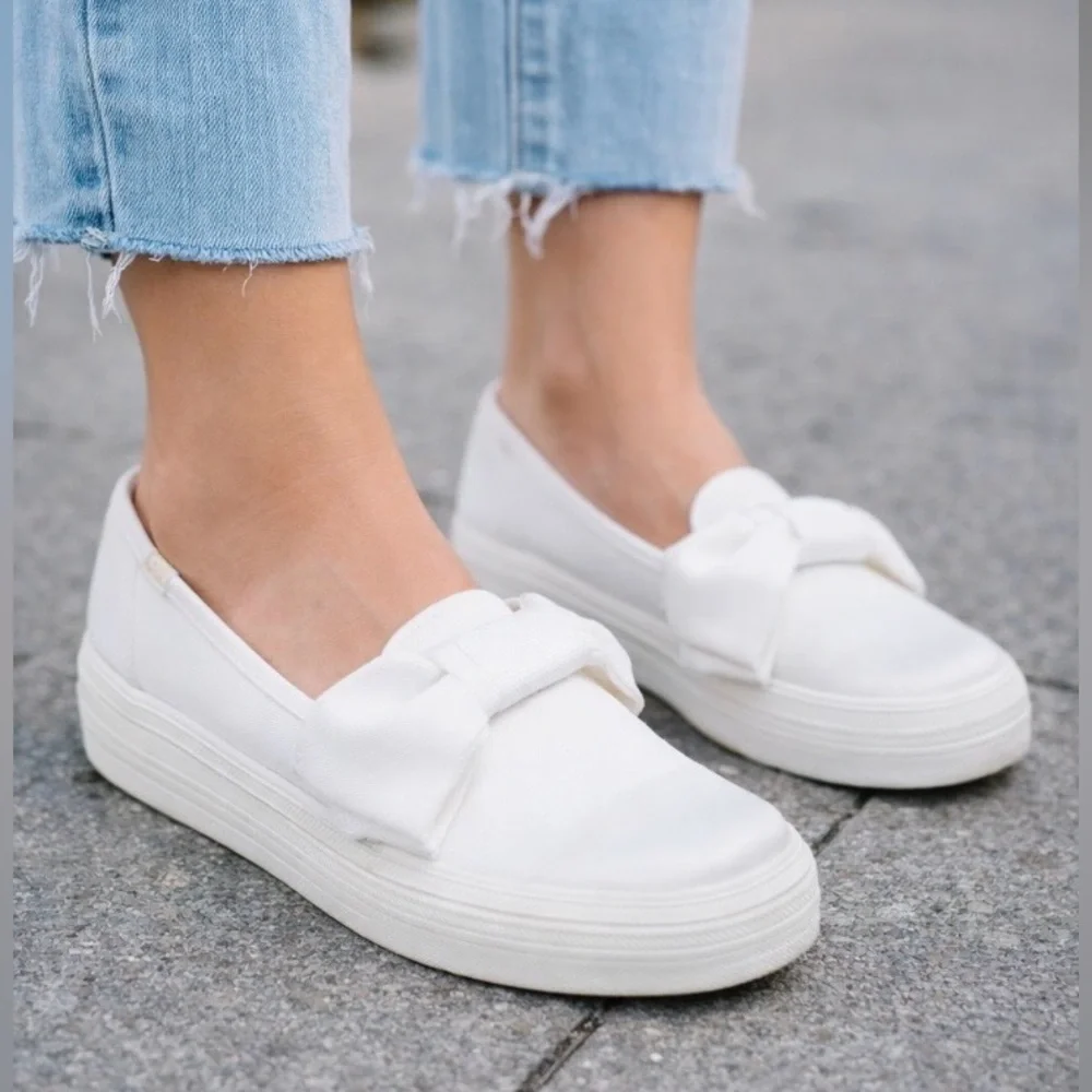 Kate Spade X Keds White Triple Decker Slip-On Satin Bow Platform Sneaker Bridal - Picture 3 of 11